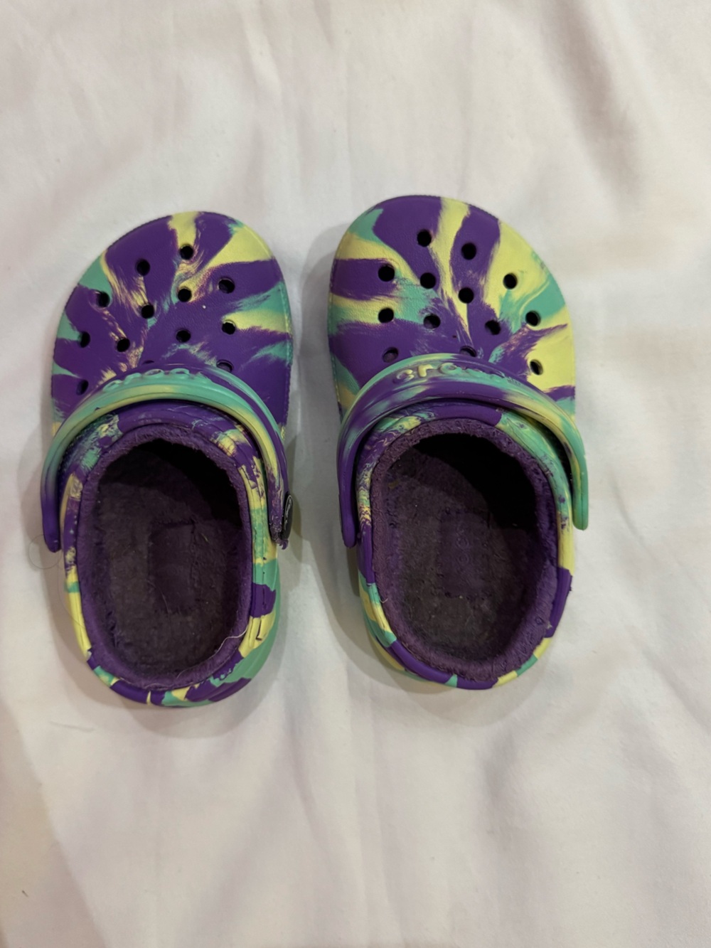 CROCS Kids Tie-Dye Purple, Green & Yellow Lined Clogs